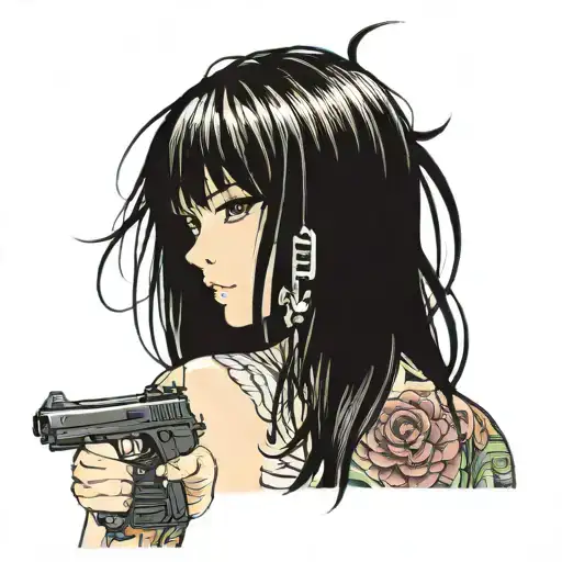 Anime Girl In Bikini With Long Dark Hair And Fringe Holding A Gun