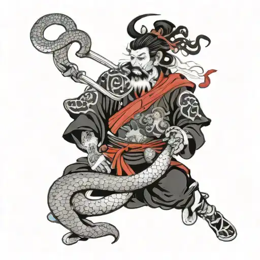 Samurai And Snake Black And White Modern Style