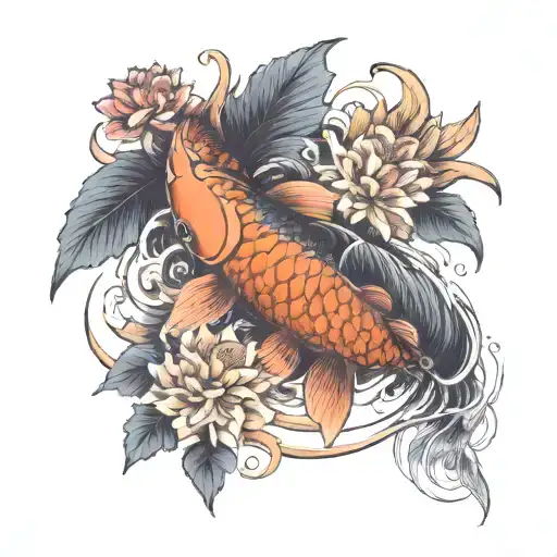 A Koi Fish Surrounded By A Flower Engulfed In Human Ribs
