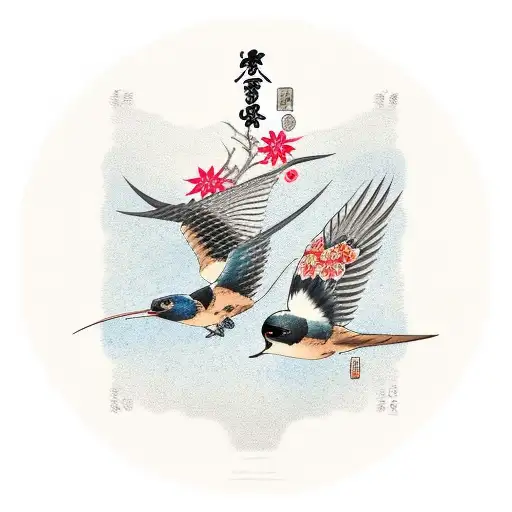 Swallow Male And Female In Kimonos