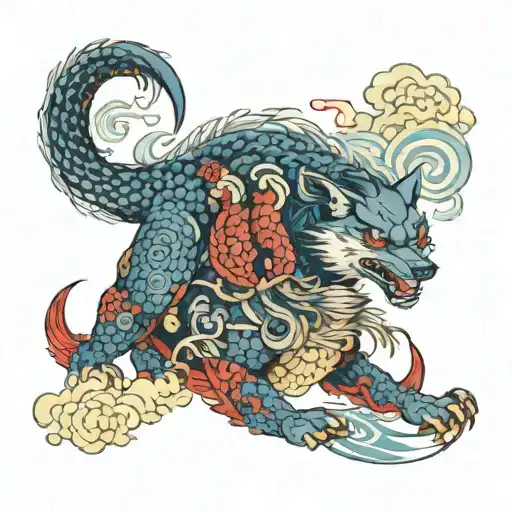 Japanise Wolf Fighting A Dragon Wrapped