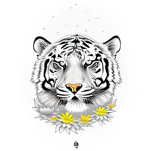 Tiger Sitting In A Field Of Flowers And Stars