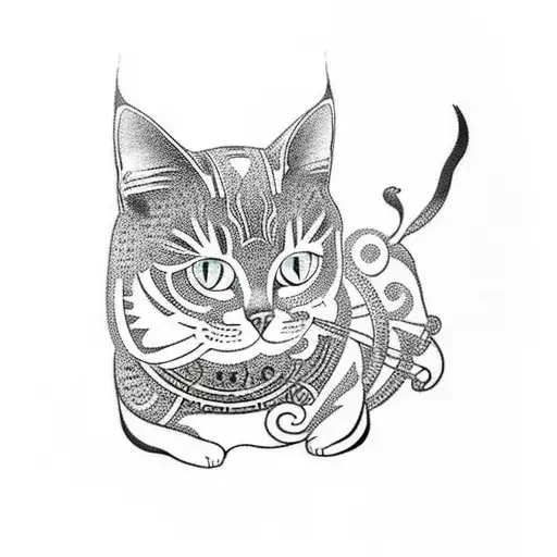 A Tribal-inspired Tattoo Of A Cat Surrounded By Gothic Symbols