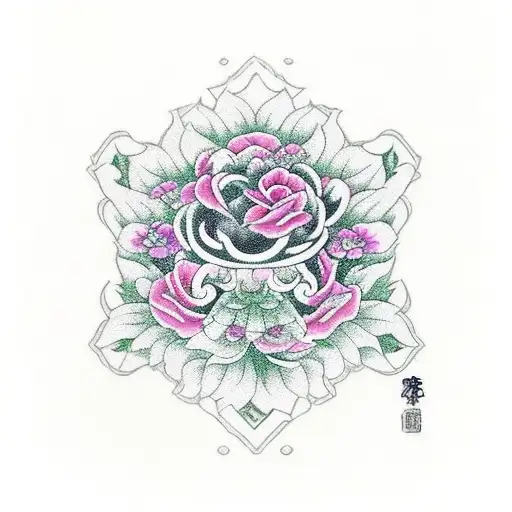 Maru Ni Umebachi Crest With Rose Violet And Chrysanthemum
