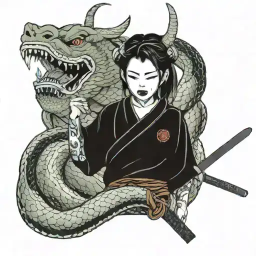 A Girl With A Hannya Mask With Katana Around Big Snake