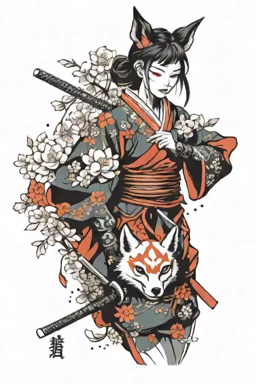 Female Samurai With Kitsune Mask And Sakura Flowers