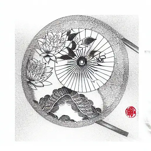 Lotus And Cherry Tree Motives In A Fan