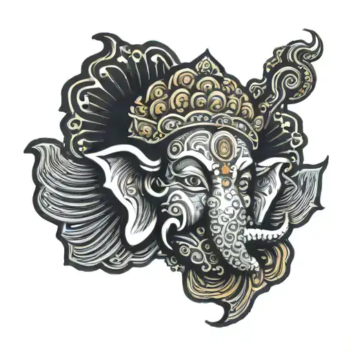 Lord Ganesh Head With Sun In The Background Surrounded By Colouds Waves