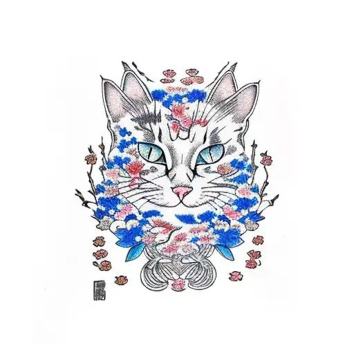 A Cat Surrounded By Cherry Blossom Motifs In White And Blue For The Lower Back