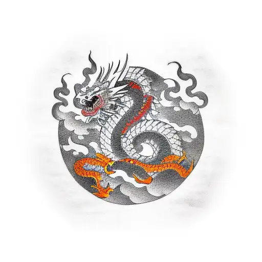 Chinese Dragon And Red Sun