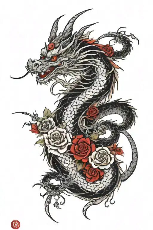 Red Black And White Dragon Wrapped With Roses Blooming