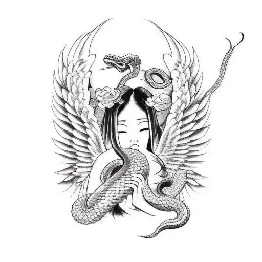 Female Angel Holding A Snake With Love