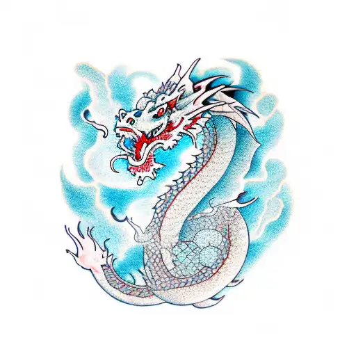 Dragon With Water Background And Cherry Flowers