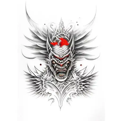 Big Black Gargoyle With Red Eyes And Large Wings Sitting On A Dark Fiery Decay Earth