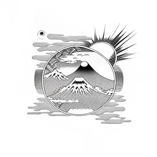 Rectangle With A Japanese Scenery Inside It With The Setting Sun In The Background