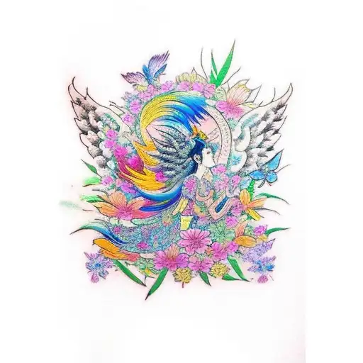 A Vibrant And Colorful Tattoo Of Angel Wings Surrounded By A Garden Of Flowers And Butterflies