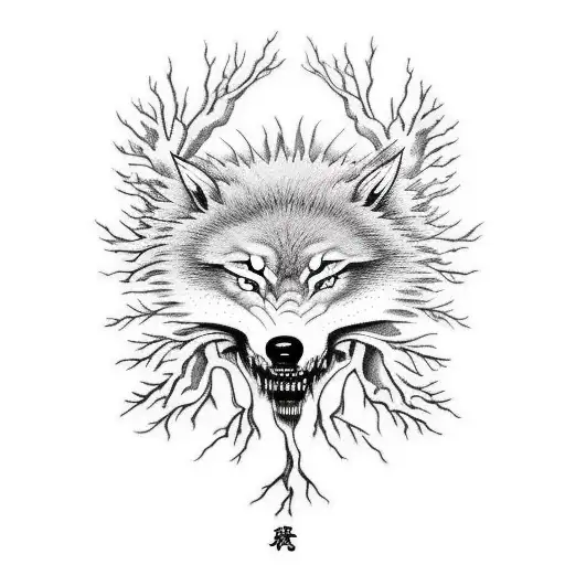 Tree With Roots In A Brain And Jaw Of Wolf