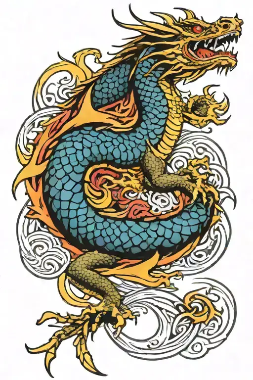 Dragon Color Shin Tattoo With Vertical Sword Embedded