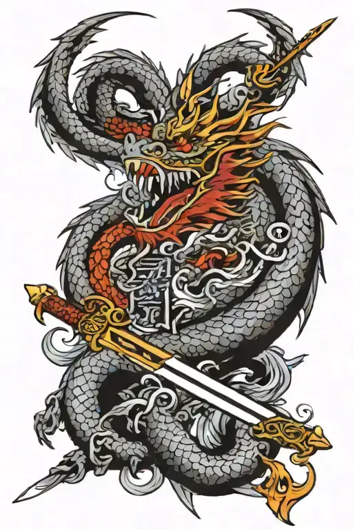 Dragon Shin Tattoo With Sword Embedded