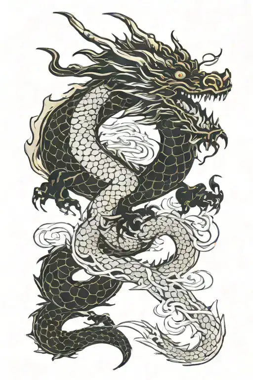 Dragon Color Shin Tattoo With Vertical Sword Embedded