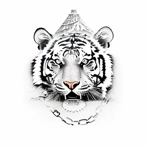 Tiger Crawling Up A Mountain With A Tree Chained To Its Back