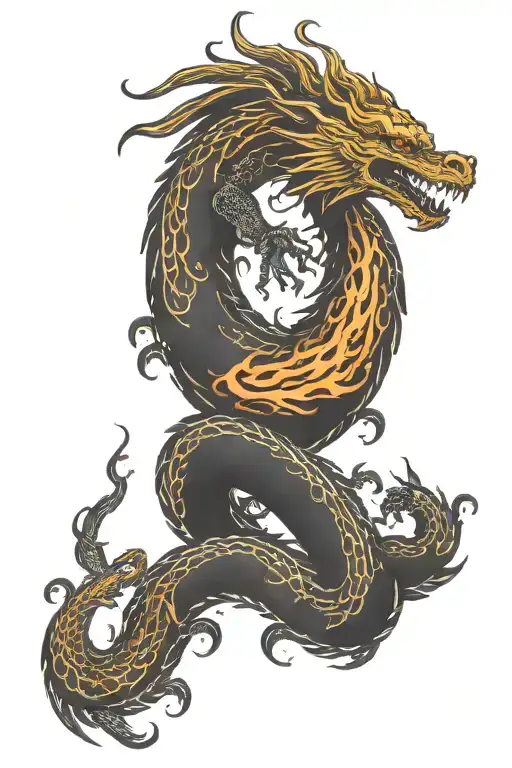 Phoenix Rising From A Tree Intertwined With Fire Breathing Dragon