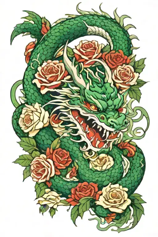 Green And White Japanese Dragon With Roses All Around