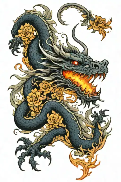 Dragon Breathing Fire With Floral Background