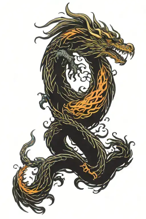 Phoenix Rising From A Tree Intertwined With Fire Breathing Dragon