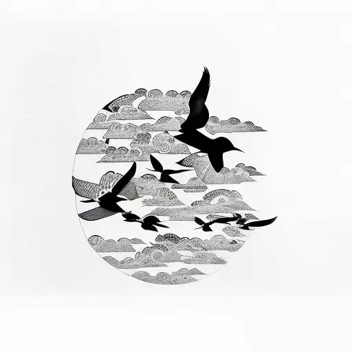 7 All Black Birds Flying In A Row With One Large Bird In The Middle