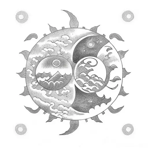 Sun And Moon In Dark Clouds With Night Sky