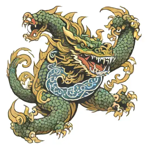 Japanese Dragon Protecting Mother Bear With Two Cubs