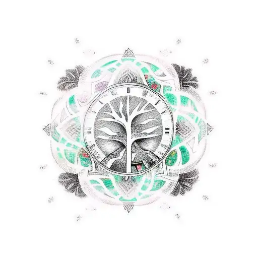 Tattoo Design Of A Tree Of Life On Top Of A Clock With Banners Hanging