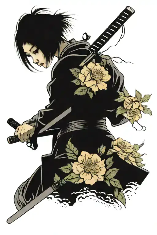 Beautiful Girl With Flowers And Katana