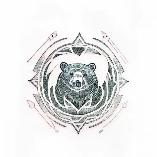 A Blackwork Tattoo Of A Bear Swimming In The Sea With A Pharmacy Symbol