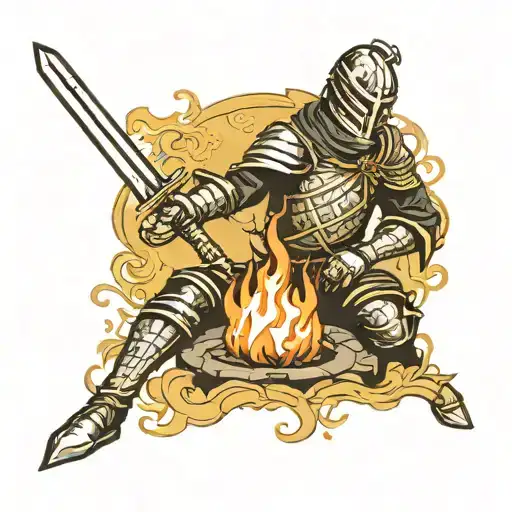 A Dark Souls Inspired Tatto Featuring A Sword And A Firepit