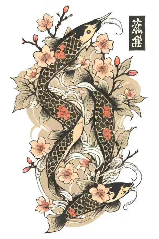 Cherry Blossom Trees With Koi Fish