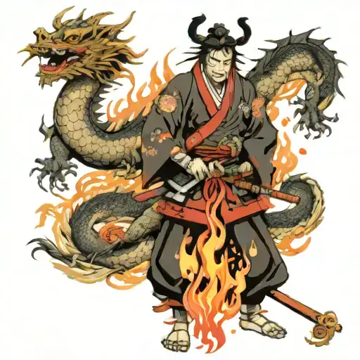Samurai And Dragon On Fire