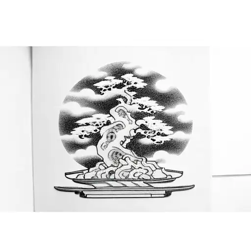 Bonsai In Front Of Red Japanese Sun