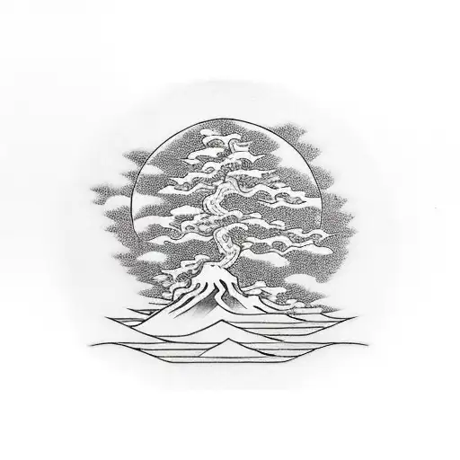 Bonsai In Front Of Red Japanese Sun