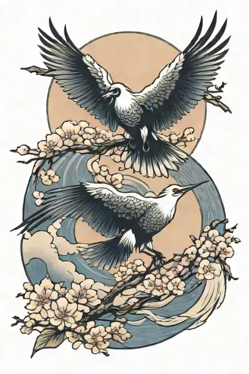 2 Flying Cranes With A Full Moon In The Background And Clouds And Cherry Blossom Flowers In The Wind