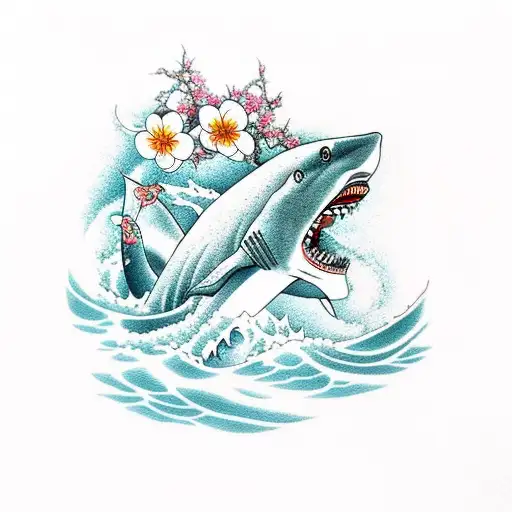 Shark And Waves With Cherry Blossoms