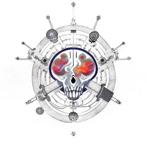 A Brain With Anchor Of Electronic Circle Lines Held In A Chalice Of Fire Grasped By Two Open Hands