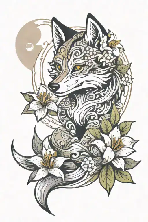 Chibi Wolf Surrounded By Lily Flowers And Cresent Moon