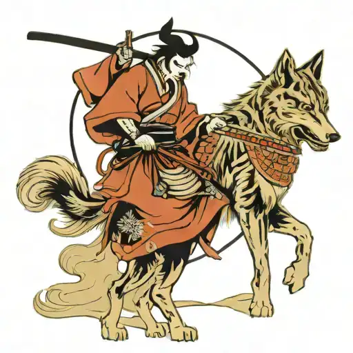 Samurai And Wolf Howling At The Moon