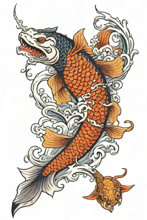 Koi Swimming Up Waterfall Dragon