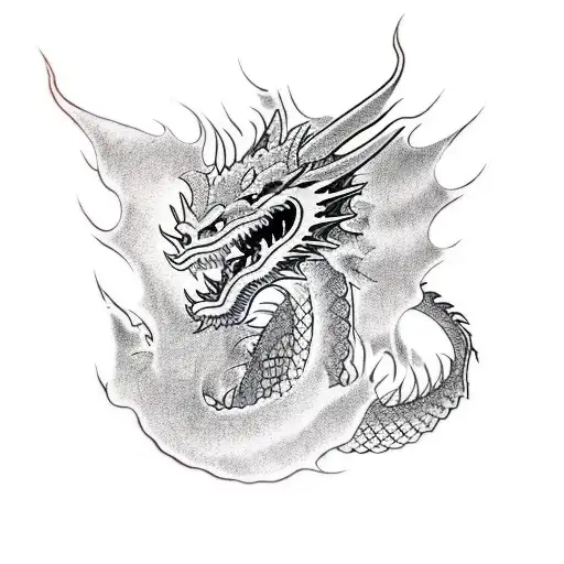 Dragon With Open Mouth And Curled Around A Quote Written Up To Down In Japanese