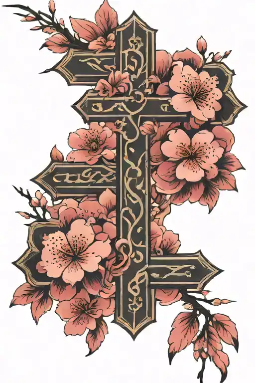 Bible Cross And Pink Sakura Flowers