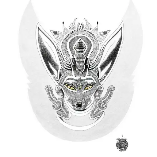 A Dotwork Design Of Anubis Surrounded By Ancient Egyptian Symbols Of Power