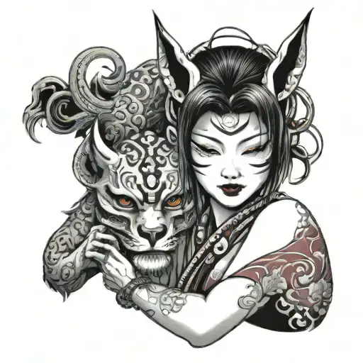 Katsune Demon Sexy Female Holding Mask Surrounded